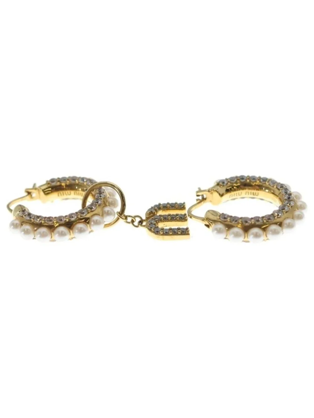 Miu Miu Rhinestone Pearl Hoop Drop Earrings White Gold